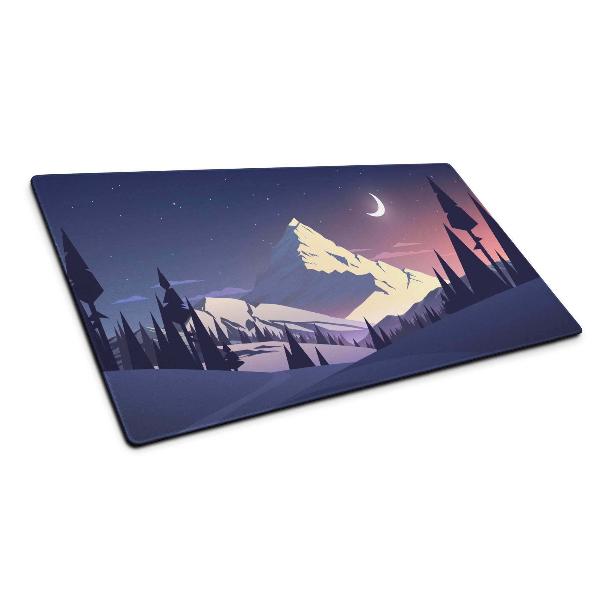 Large stylized mountain twilight gaming mouse pad with non-slip base