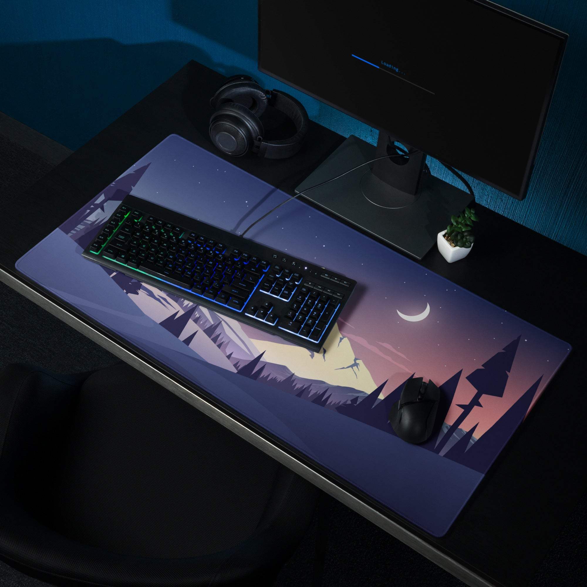 Stylized purple mountain twilight landscape large gaming mouse pad
