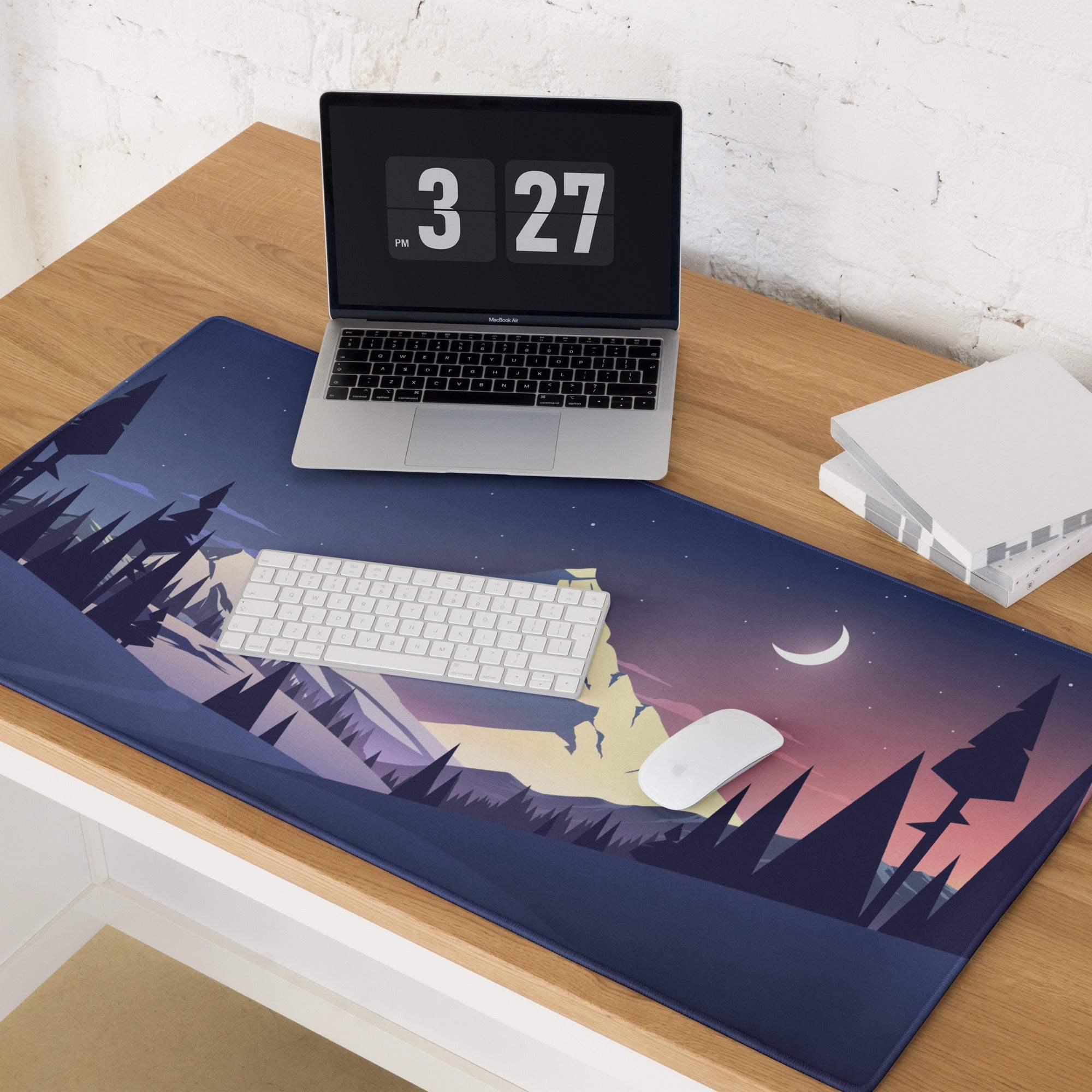 Blue mountain landscape gaming mousepad with crescent moon starry sky