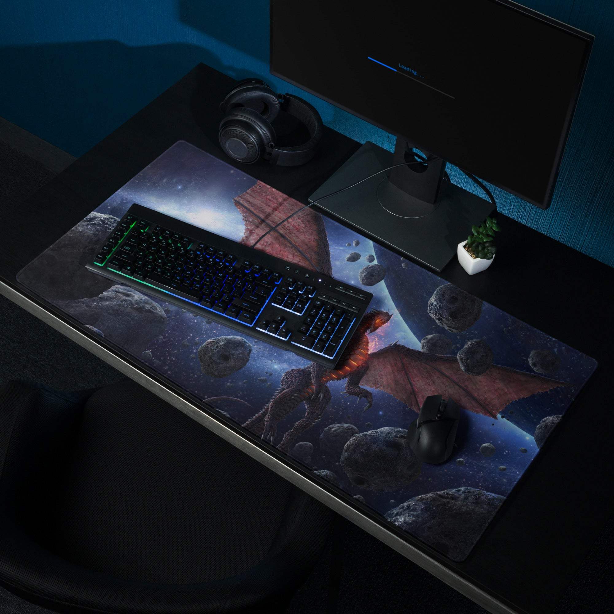 Epic Space Dragon gaming mouse pad with cosmic design, red wings, asteroids