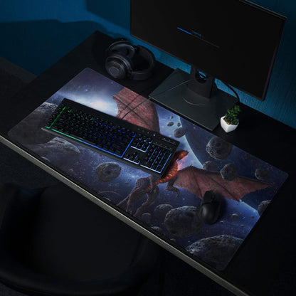 Epic Space Dragon gaming mouse pad with cosmic design, red wings, asteroids