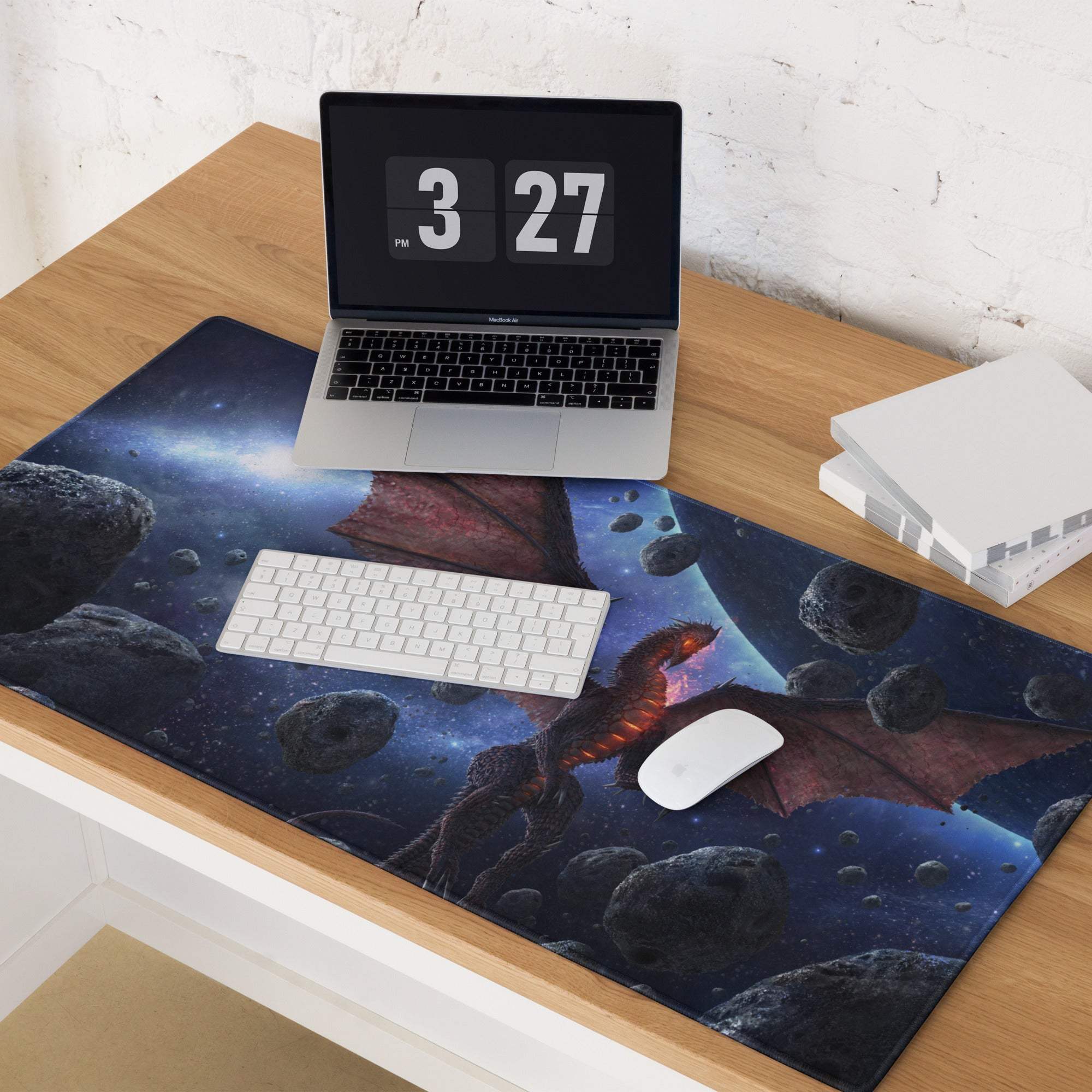 Epic Space Dragon gaming mouse pad with red dragon amid asteroids and stars