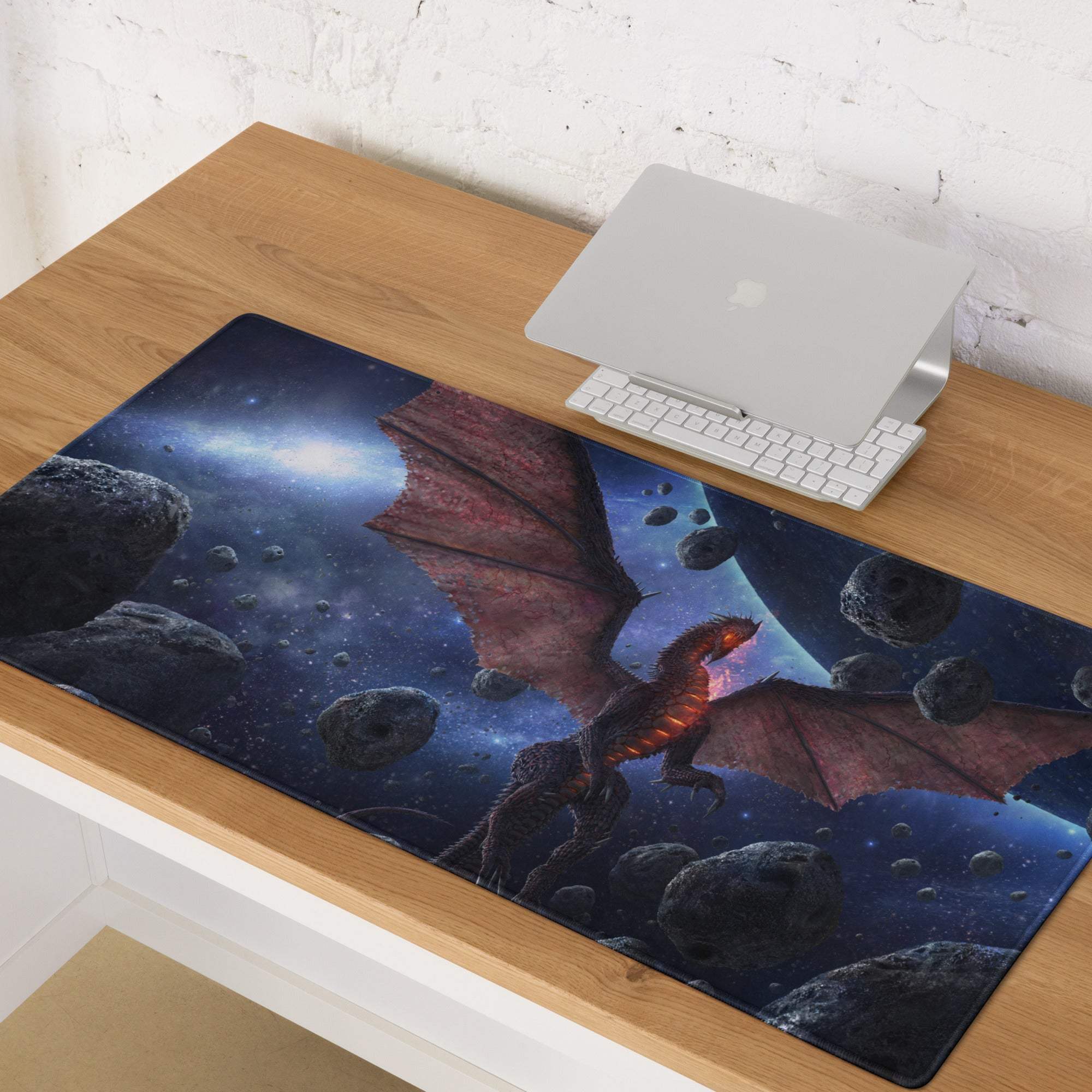 Epic Space Dragon gaming mouse pad with red dragon soaring in starry space