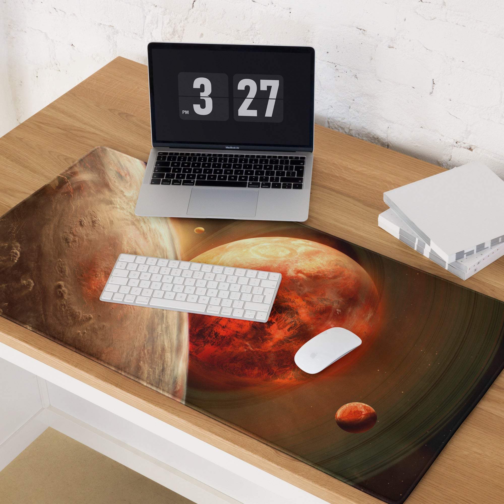 Cosmic Red Planet Galaxy gaming mouse pad with planets in reddish-orange hues