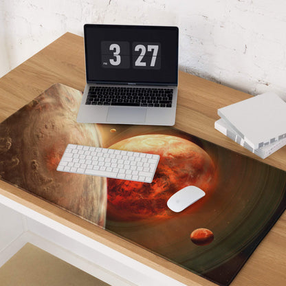 Cosmic Red Planet Galaxy gaming mouse pad with planets in reddish-orange hues