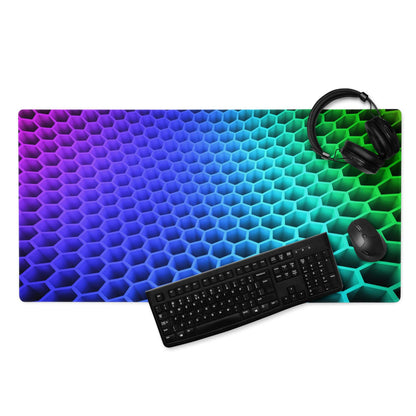 Vibrant rainbow gradient hexagon gaming mouse pad with non-slip base