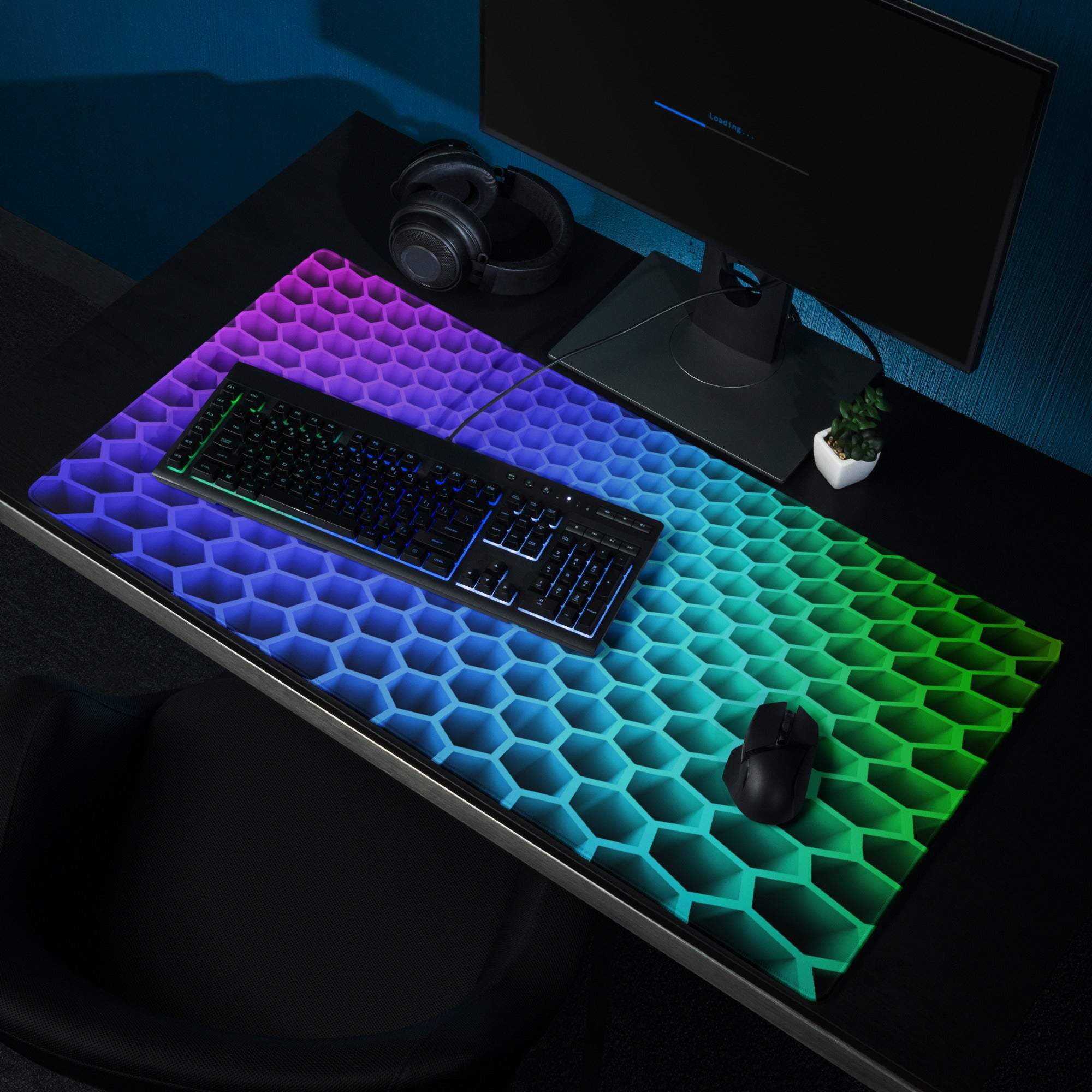 Vibrant RGB hexagon gaming mouse pad with purple-green gradient lighting