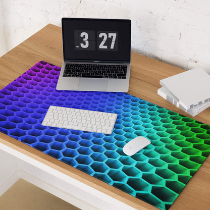Vibrant rainbow gradient hexagon gaming mouse pad in purple blue teal green