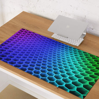 Vibrant rainbow gradient hexagon gaming mouse pad with non-slip base