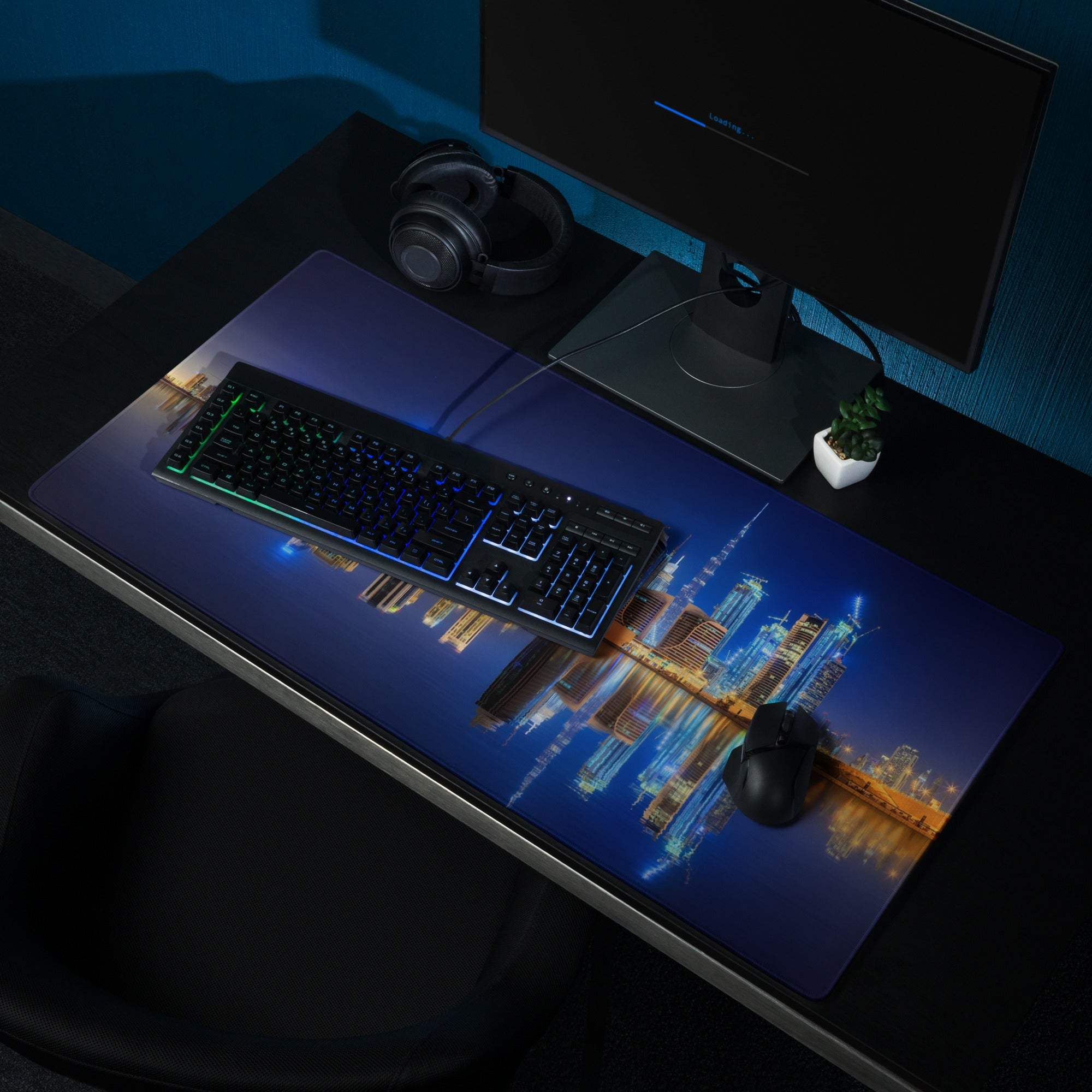 Blue cityscape gaming mousepad with glowing skyscrapers for Dota CSGO