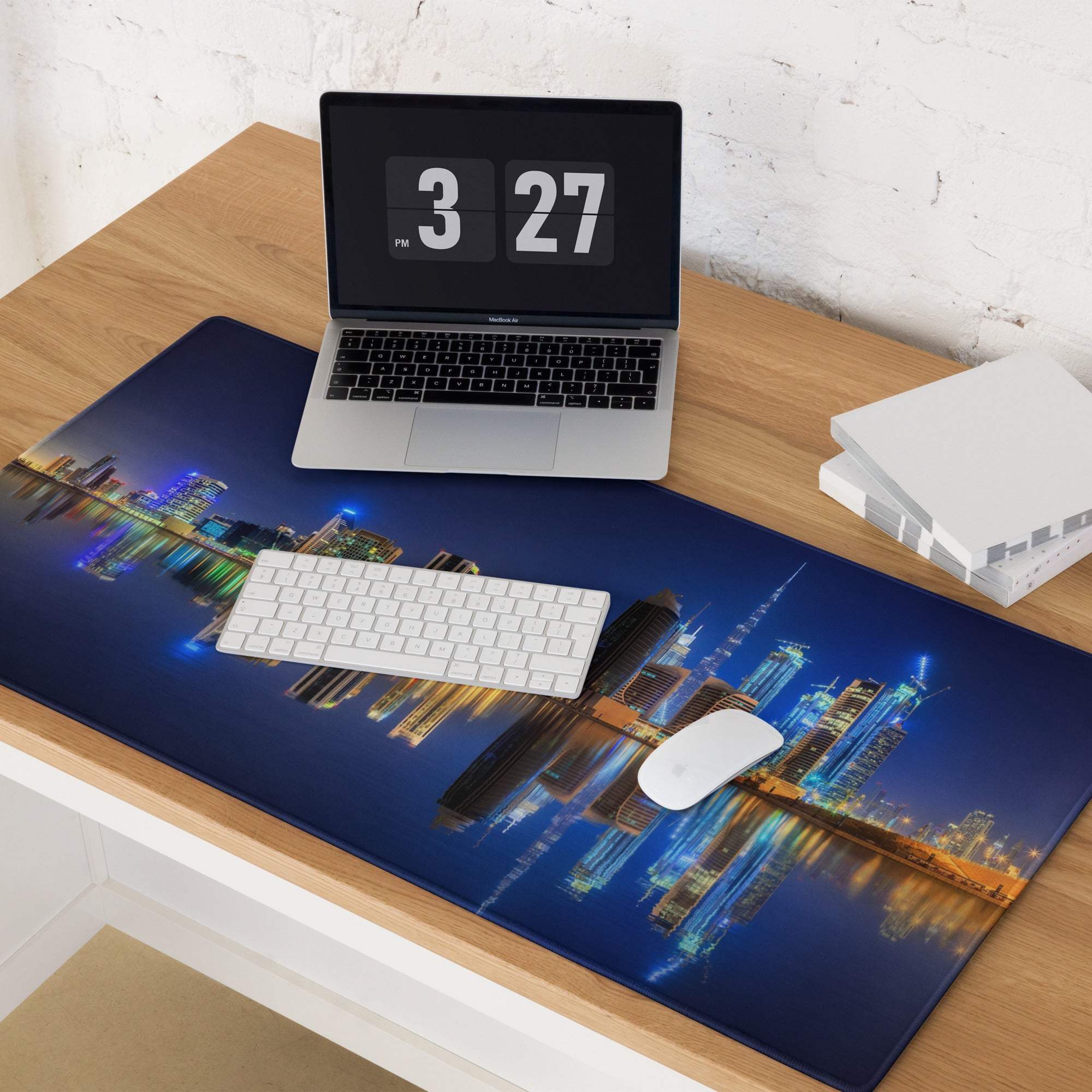 Blue cityscape mousepad with glowing skyscrapers, water reflections, non-slip for gaming