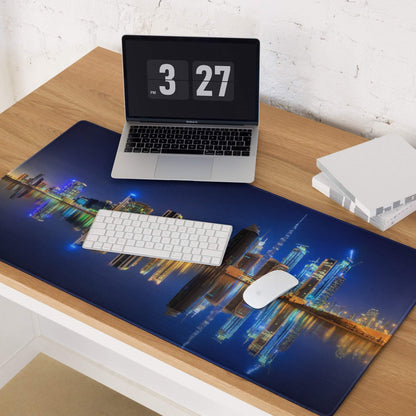 Blue cityscape mousepad with glowing skyscrapers, water reflections, non-slip for gaming
