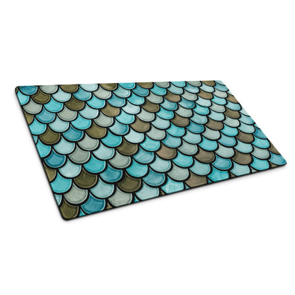 Teal mermaid scale glass cutting board with turquoise olive fish pattern