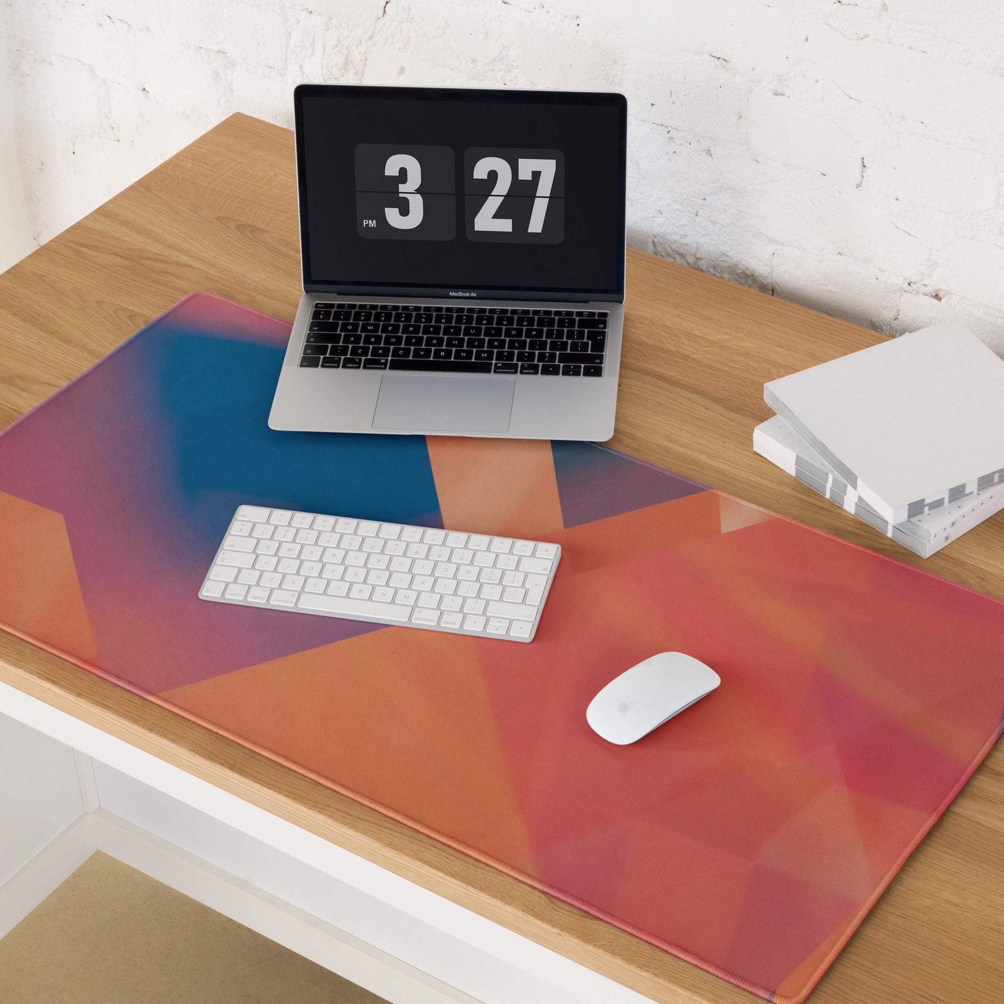 Vibrant geometric abstract gaming mouse pad in orange red blue with non-slip base