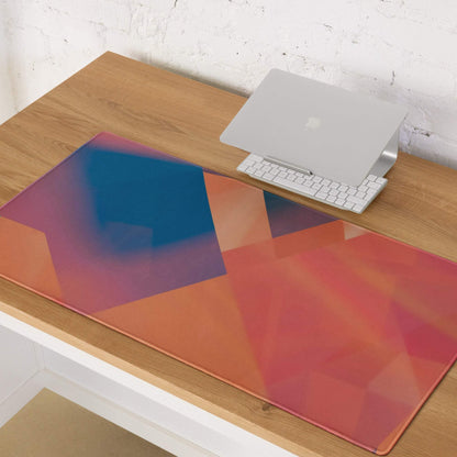 Vibrant geometric abstract gaming mouse pad with orange-red-blue gradient, large non-slip surface