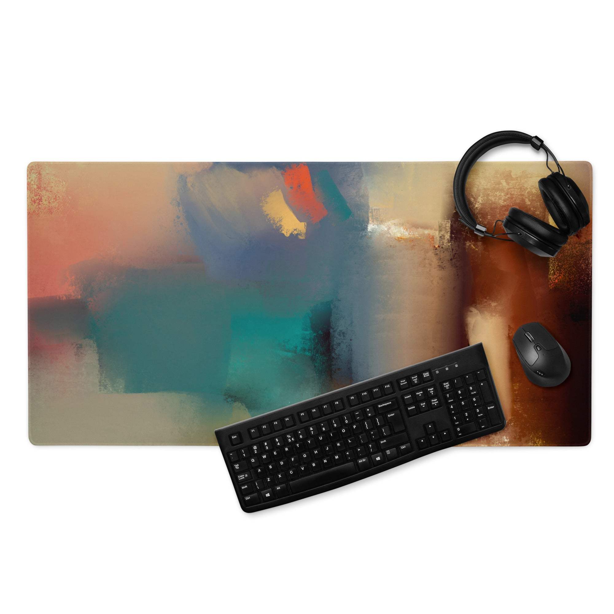 Large abstract art gaming mouse pad in teal orange brown gradient hues