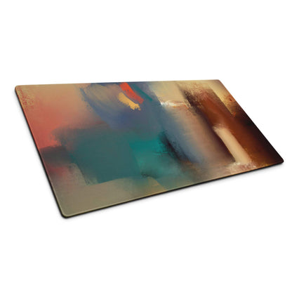 Large abstract art gaming mouse pad in teal orange brown gradients non-slip base