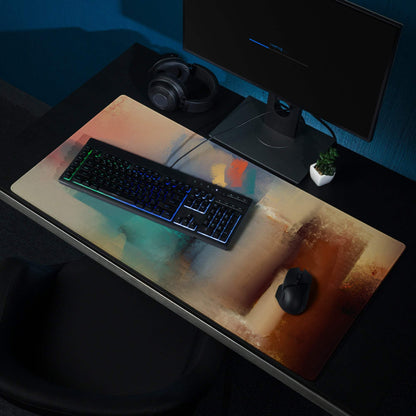 Large abstract art gaming mouse pad with vibrant orange teal brown gradient, non-slip base