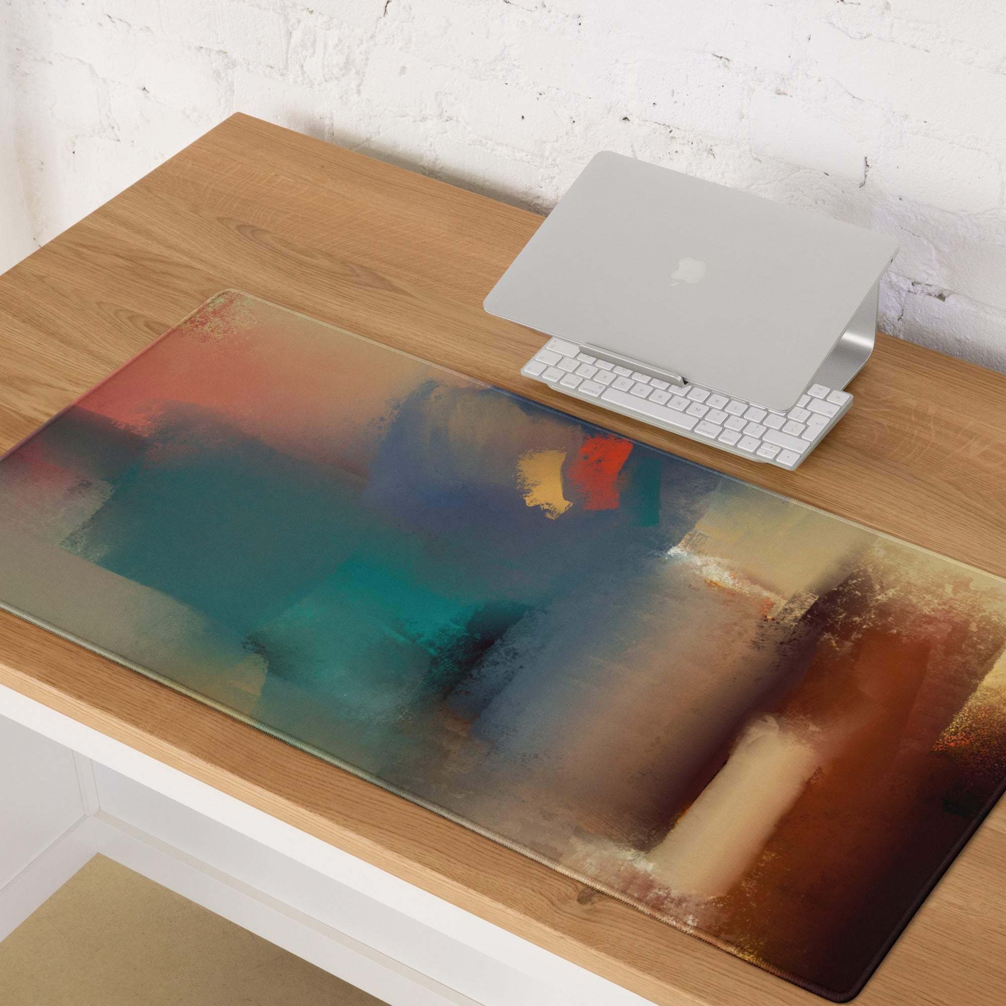 Large abstract watercolor gaming mouse pad with teal orange gradient non-slip base