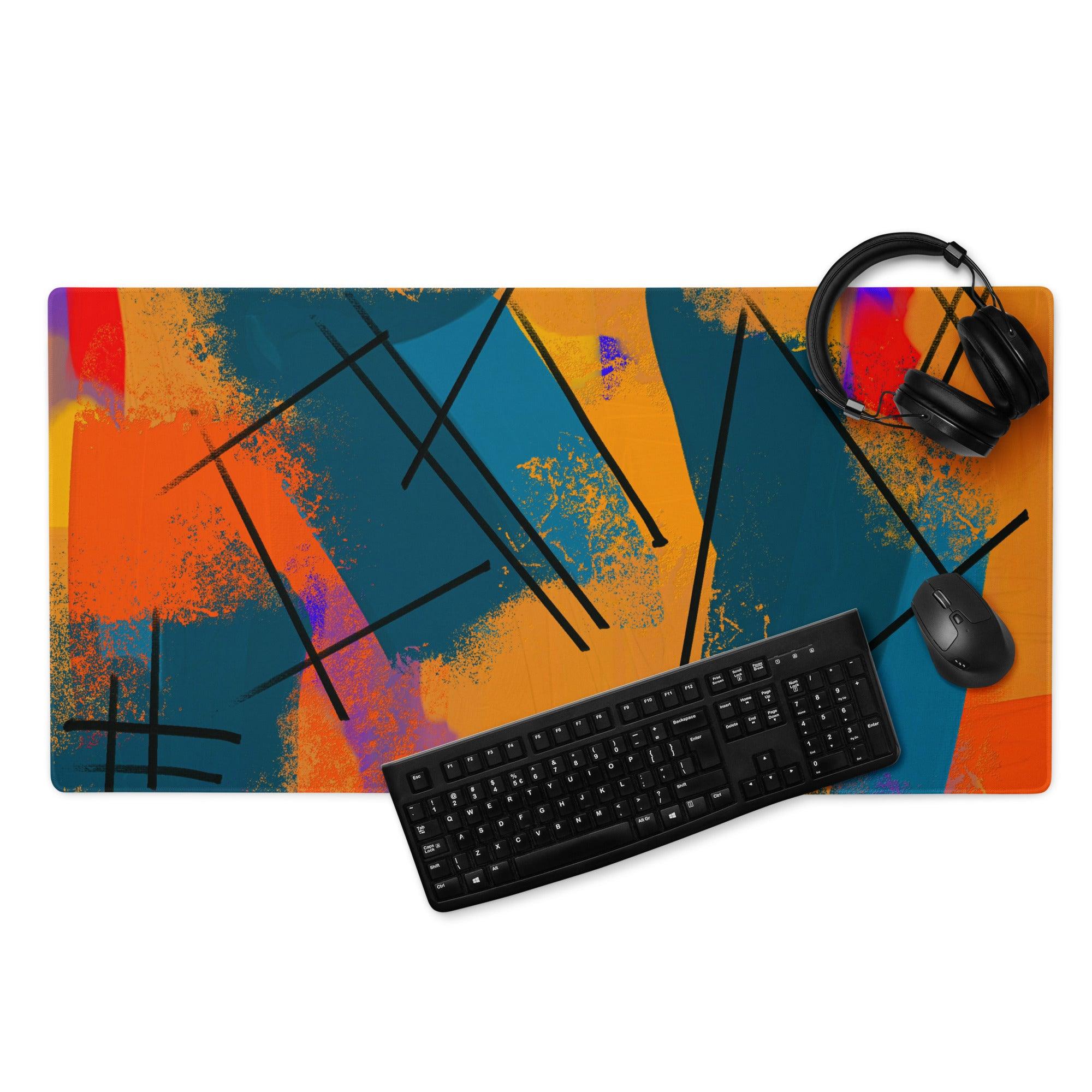 Bold abstract orange teal black geometric gaming mouse pad with non-slip backing