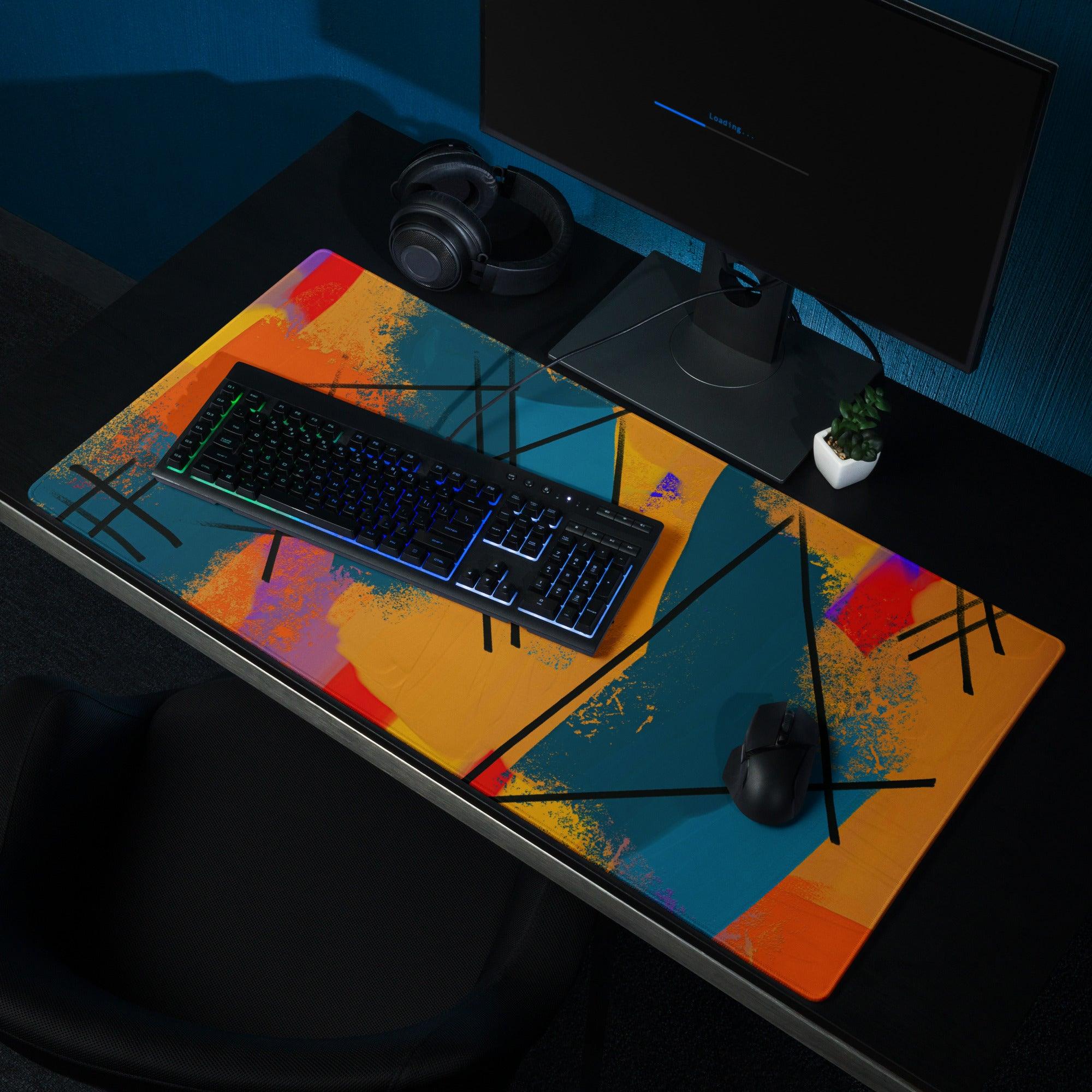 Bold abstract orange teal gaming mouse pad with non-slip backing