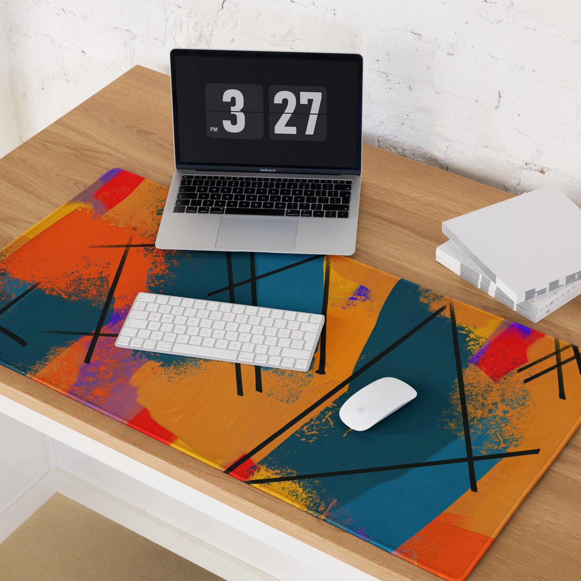 Bold abstract orange teal purple gaming mouse pad with non-slip backing