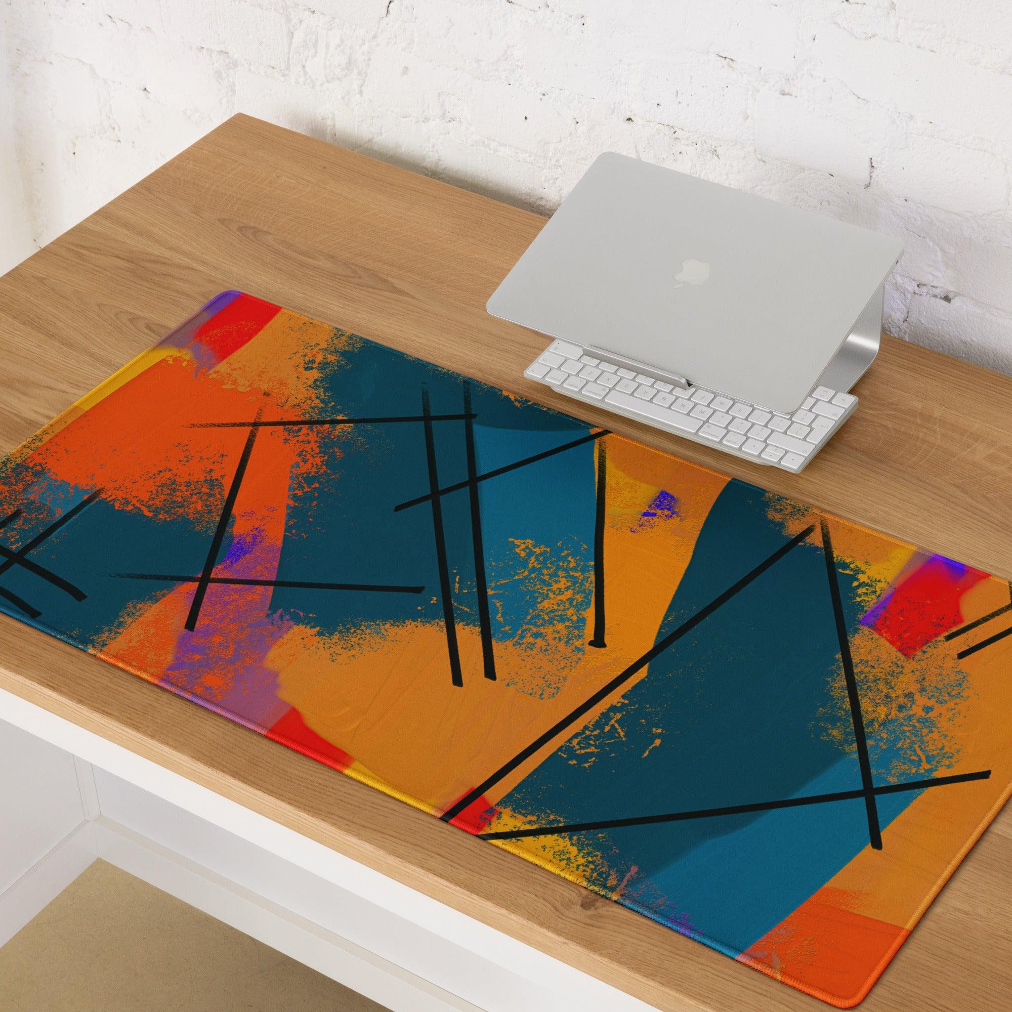Bold abstract orange teal purple gaming mouse pad with non-slip backing