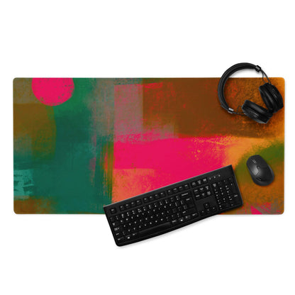 Vibrant abstract paint-splatter gaming mouse pad in pink, green, orange neon hues