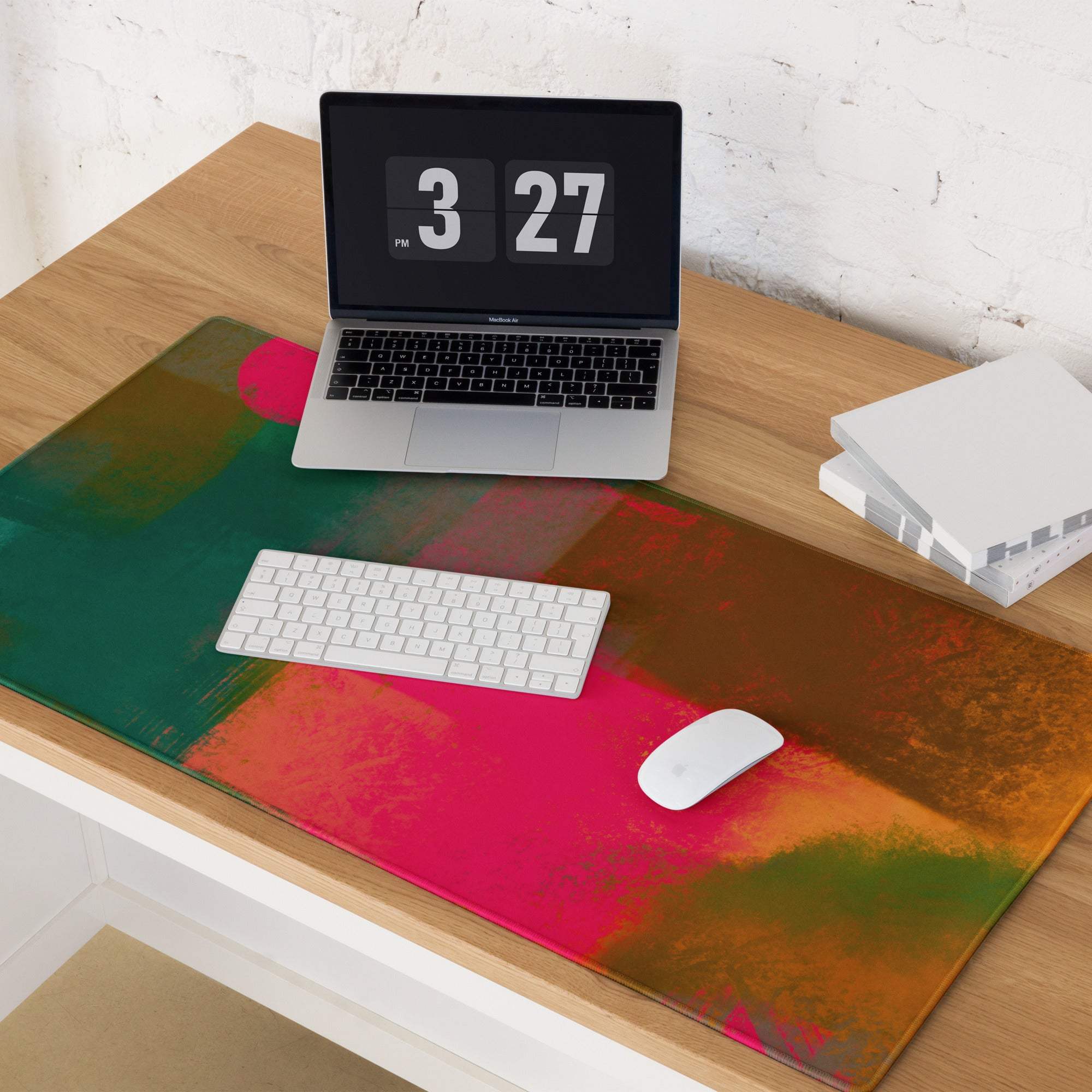 Vibrant abstract paint-splatter large gaming mouse pad in green, pink, orange neon hues