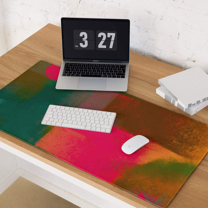 Vibrant abstract paint-splatter large gaming mouse pad in green, pink, orange neon hues