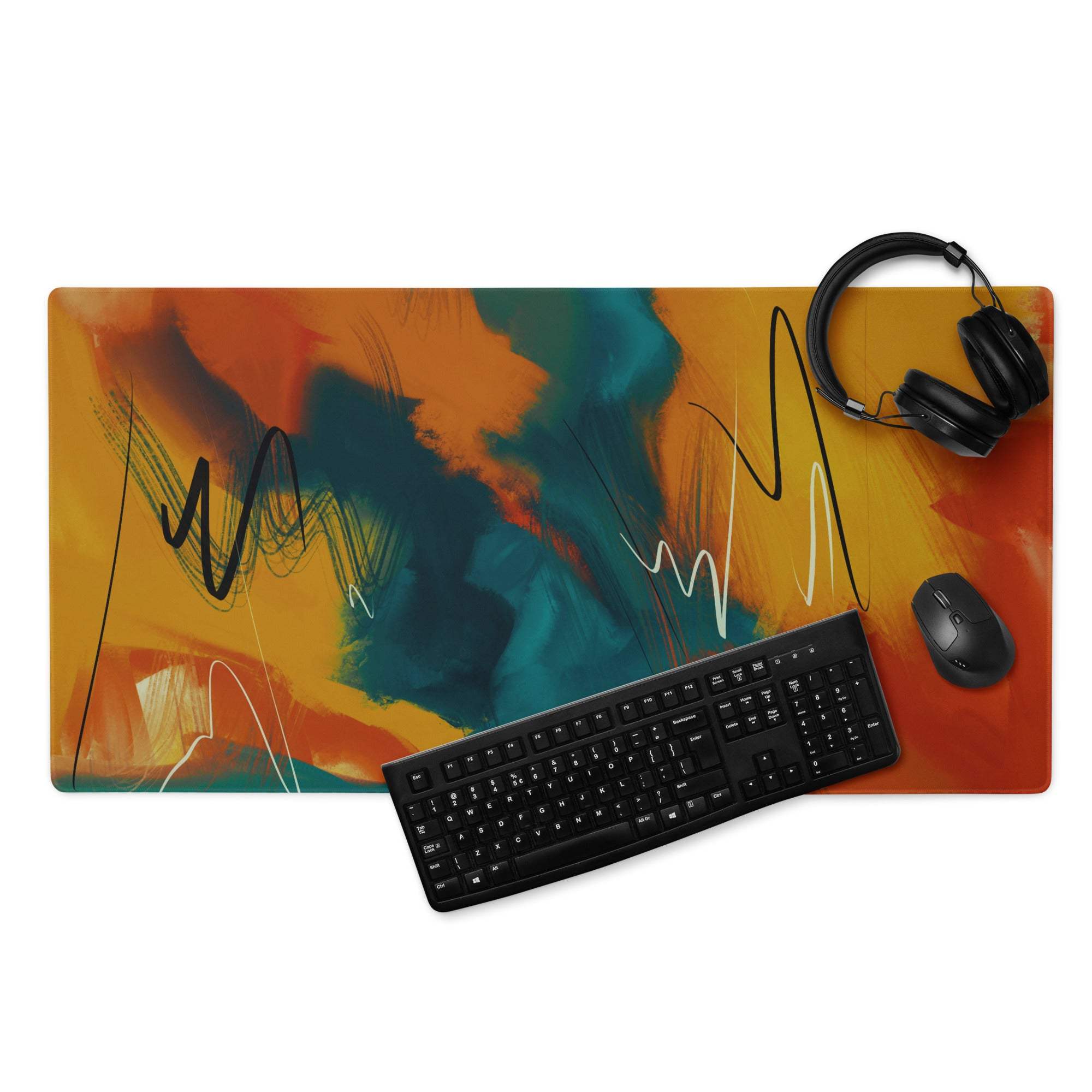 Vibrant abstract art large gaming mouse pad in orange teal black brushstrokes