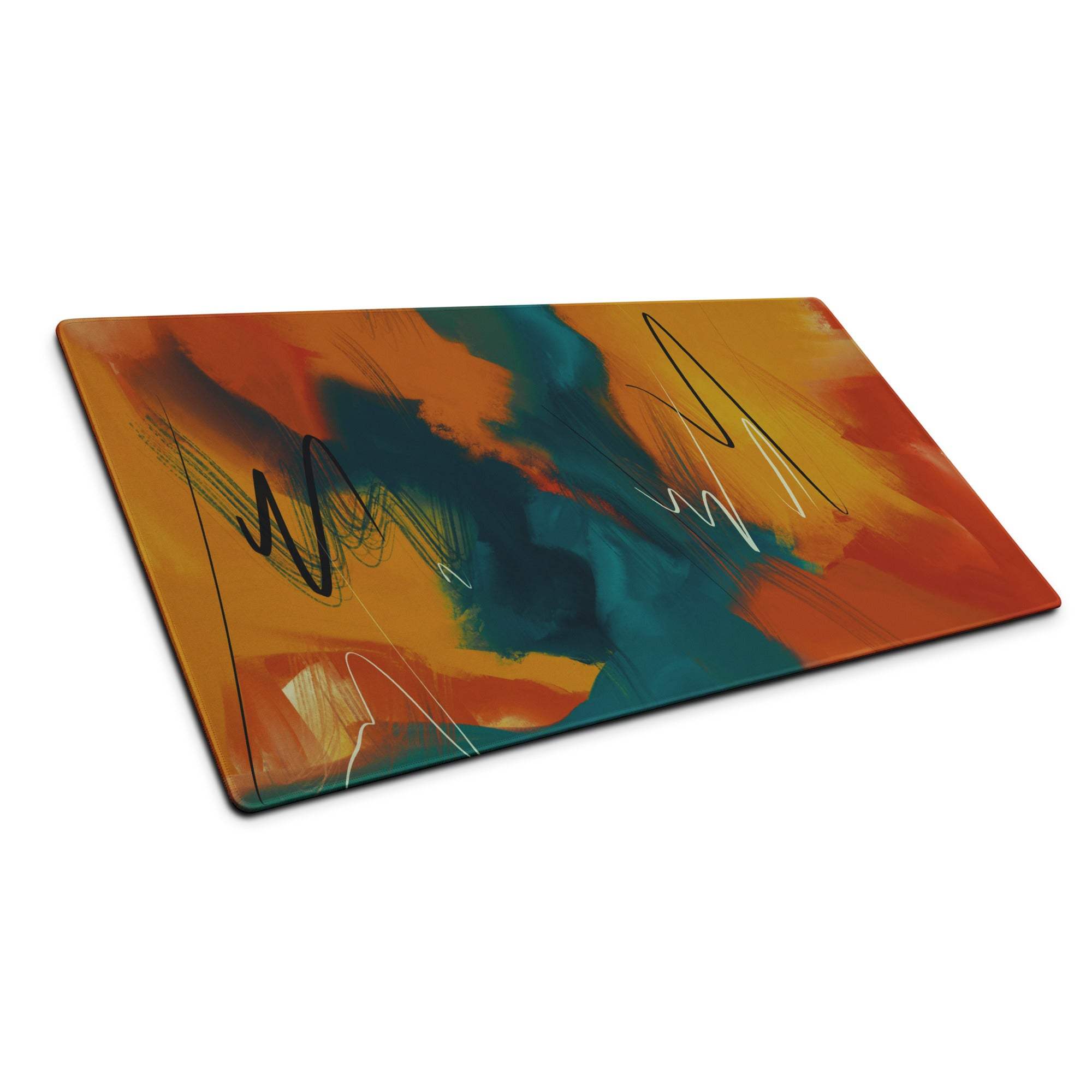 Vibrant abstract glass-style gaming mouse pad in orange teal black swirls, large non-slip stitched