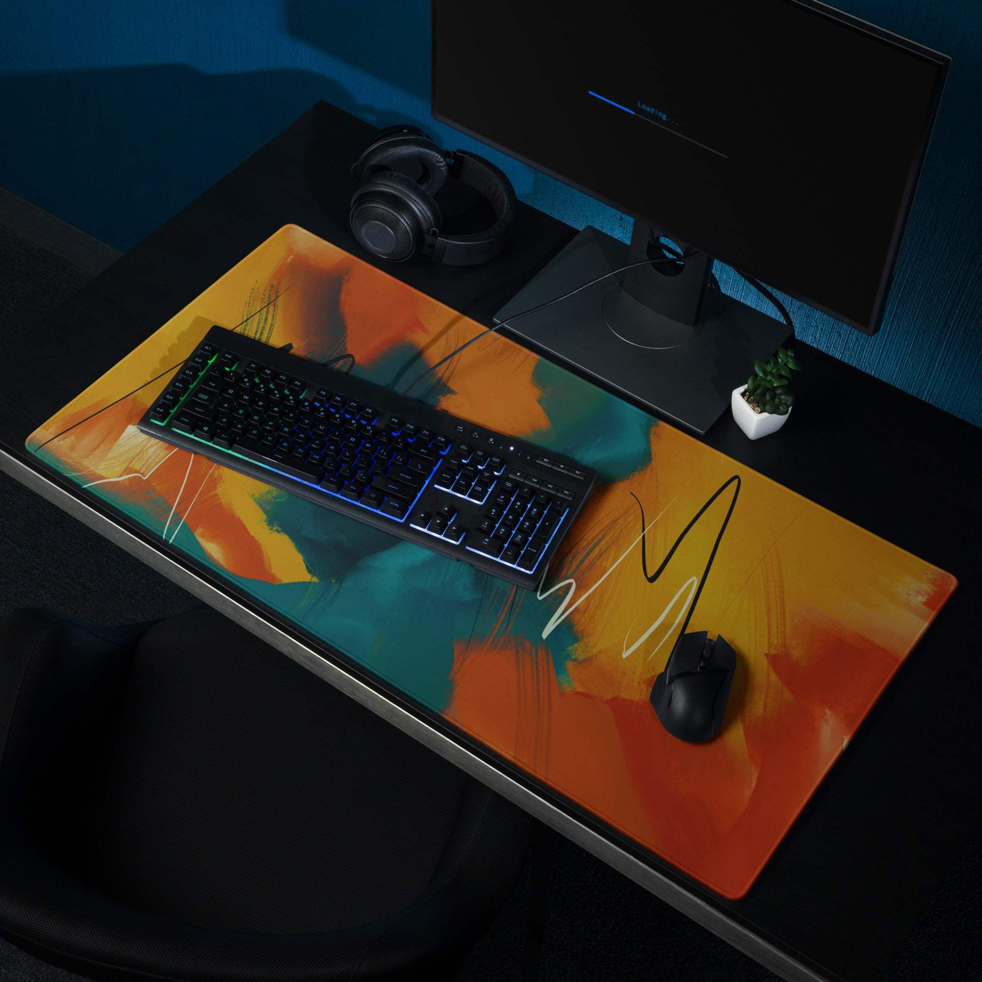Vibrant abstract orange teal gaming mousepad large non-slip stitched