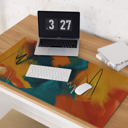 Vibrant abstract orange teal black paint-splatter gaming mousepad large