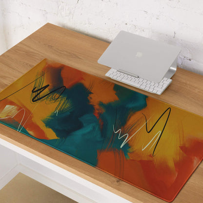 Vibrant abstract art large gaming mouse pad with orange teal swirls, non-slip base, edge stitching
