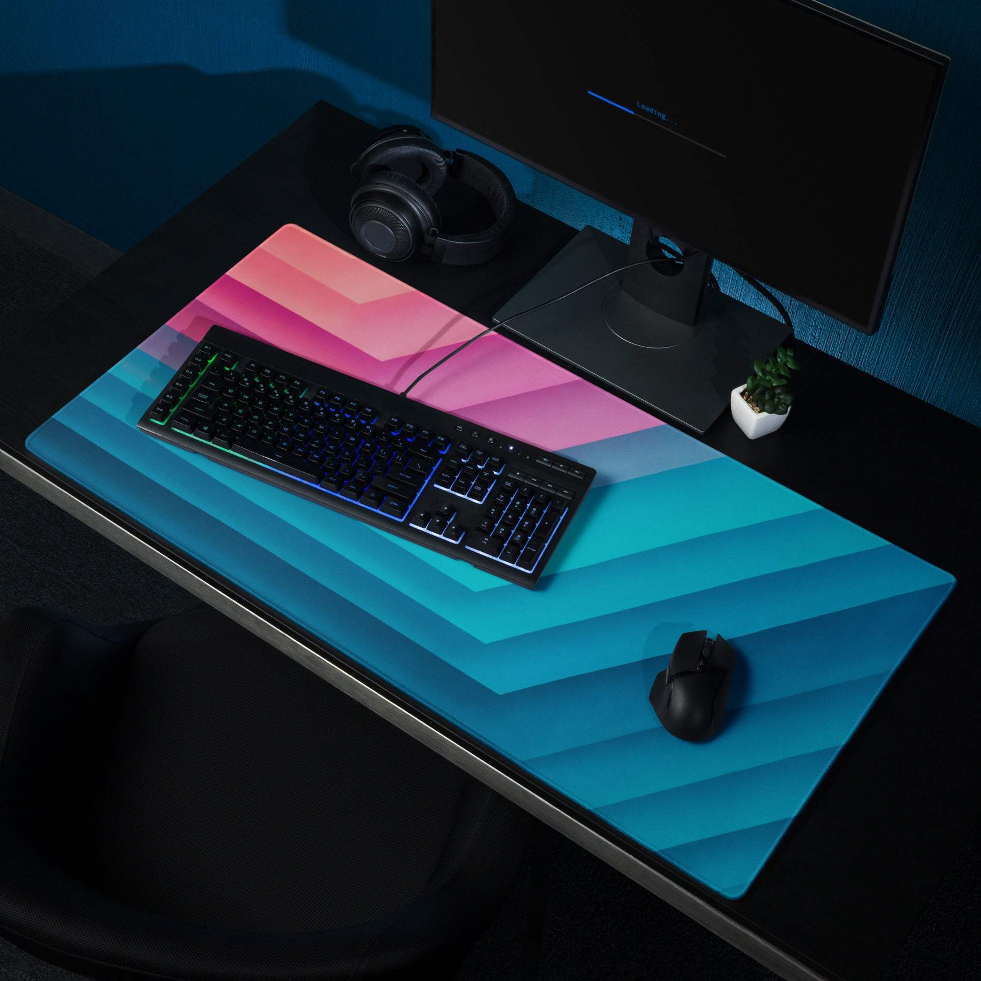 Gradient geometric pink to teal gaming mouse pad with non-slip base