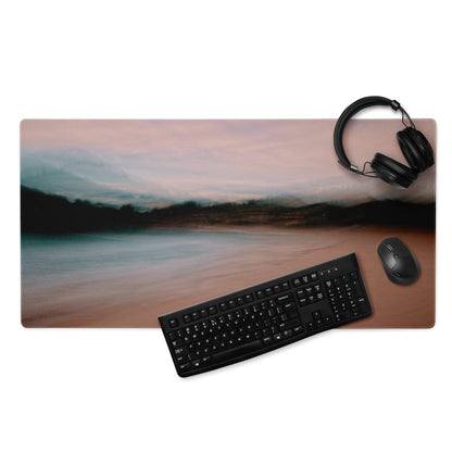Serene sunset landscape gaming mouse pad with misty mountains, pink teal hues, non-slip base
