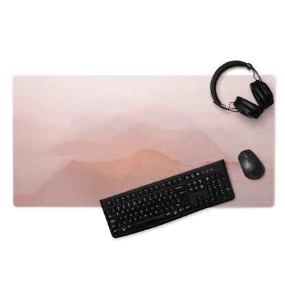 Large pastel pink mountain landscape gaming mouse pad with non-slip surface