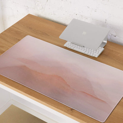 Pastel pink mountain landscape large gaming mouse pad on wooden desk