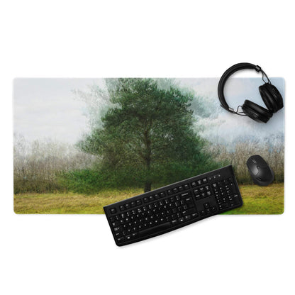 Nature Inspired Tree Landscape gaming mouse pad with misty forest and green tree