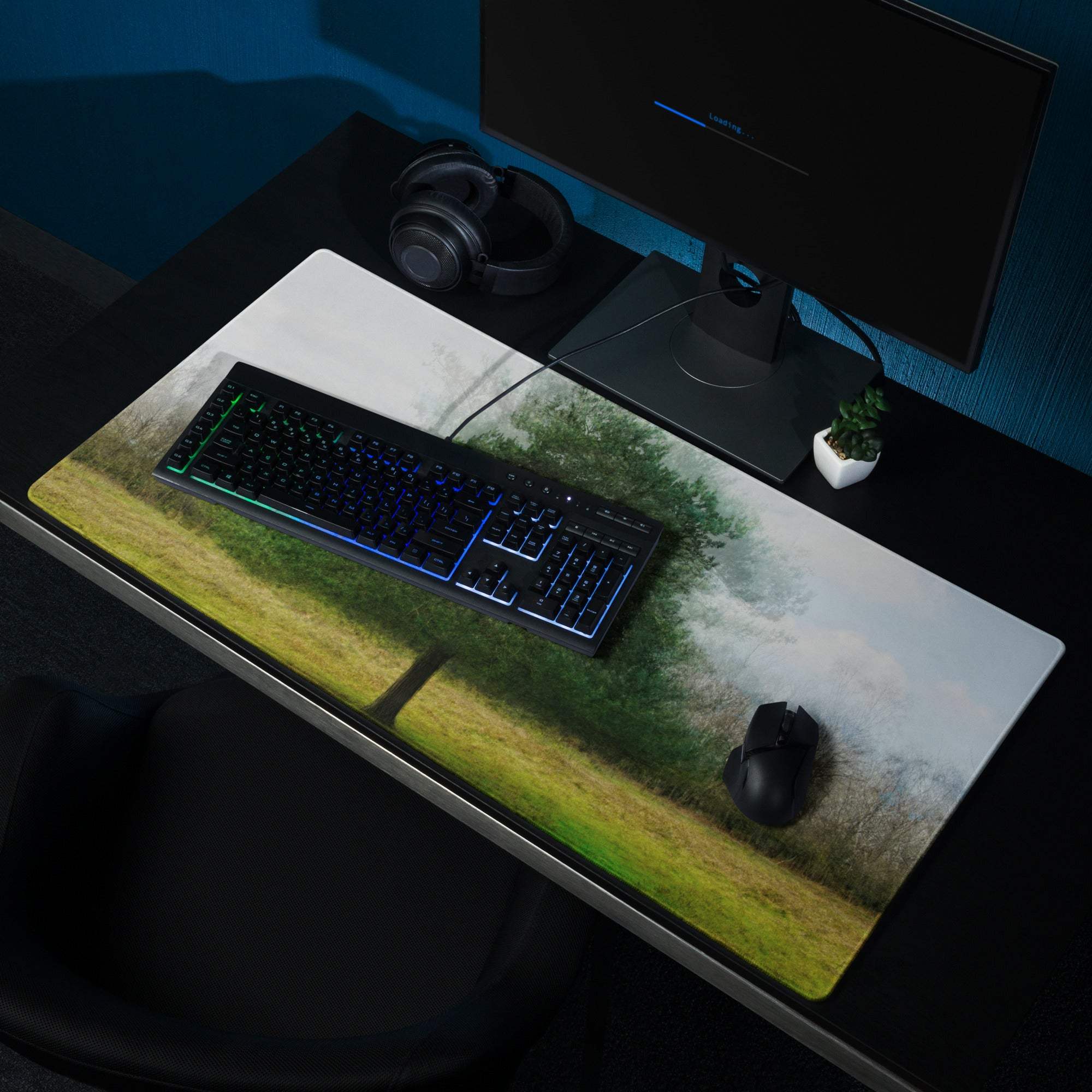 Nature inspired tree landscape gaming mouse pad with green trees and misty sky