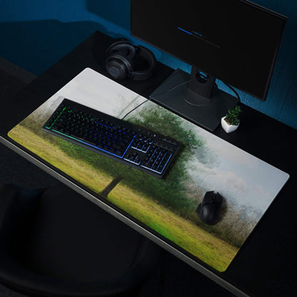 Nature inspired tree landscape gaming mouse pad with green trees and misty sky