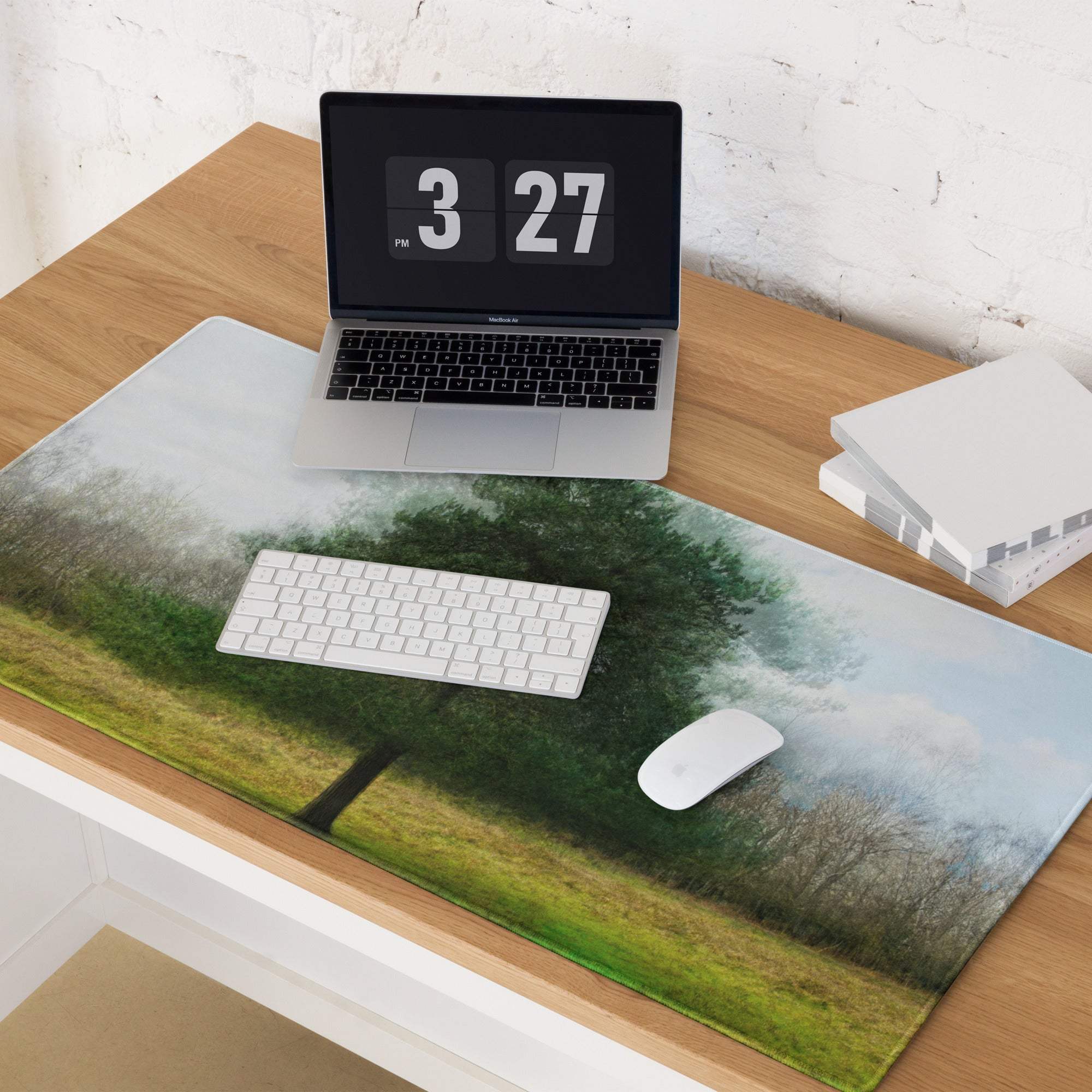 Nature inspired misty forest tree landscape gaming mouse pad, green tones