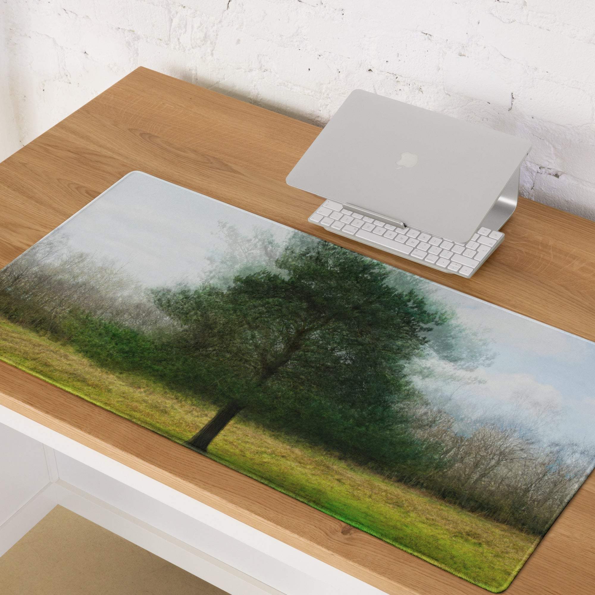 Nature inspired green tree landscape gaming mouse pad, misty field, non-slip