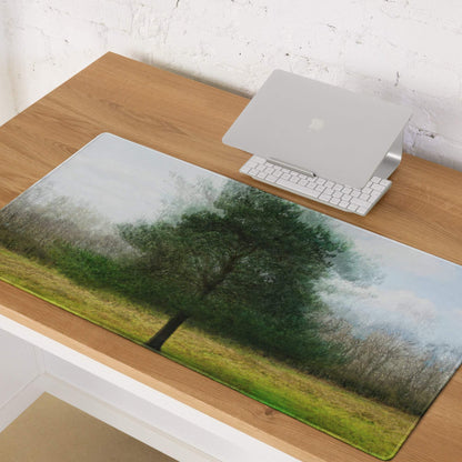 Nature inspired green tree landscape gaming mouse pad, misty field, non-slip