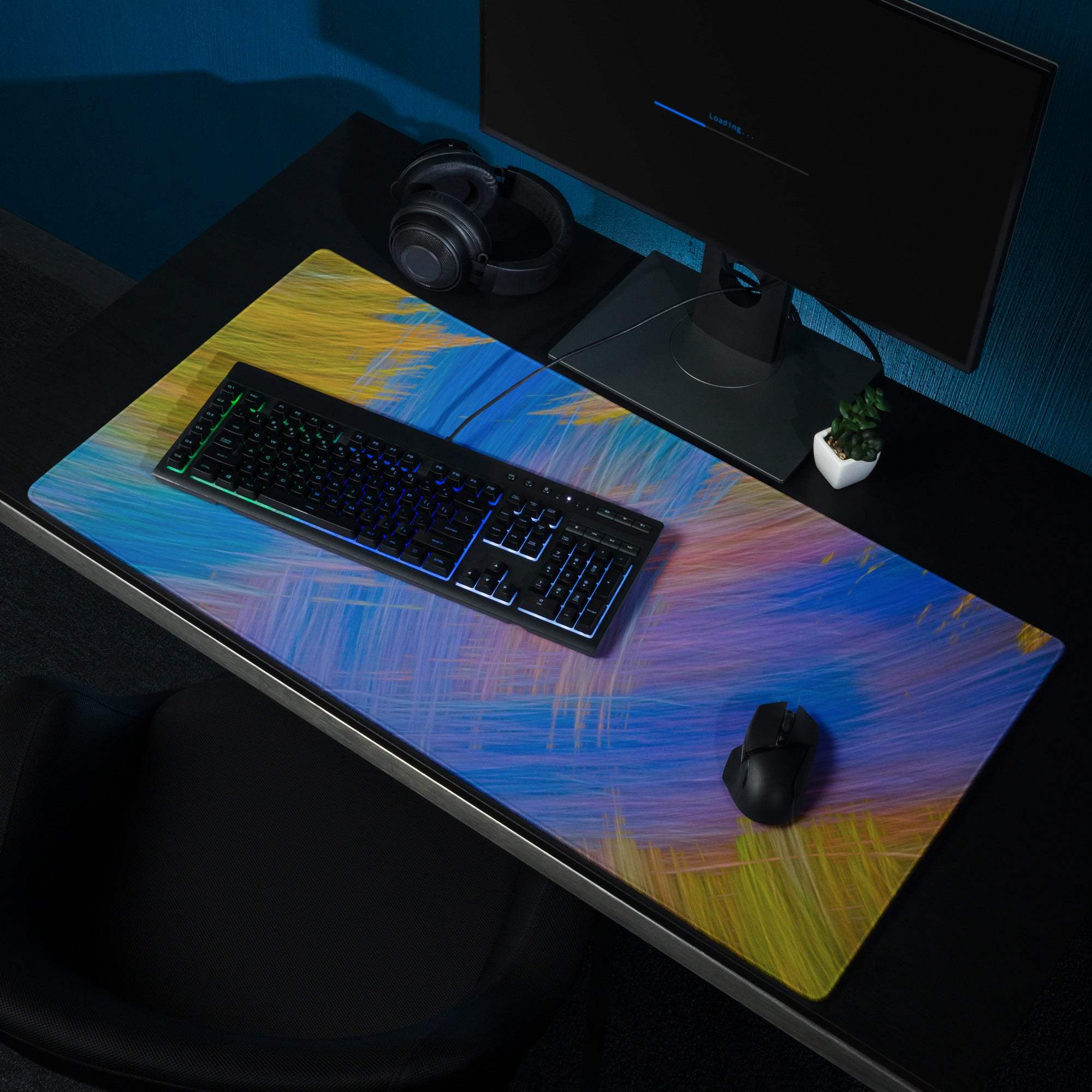 Vibrant abstract blue yellow purple brushstroke gaming mousepad with non-slip base