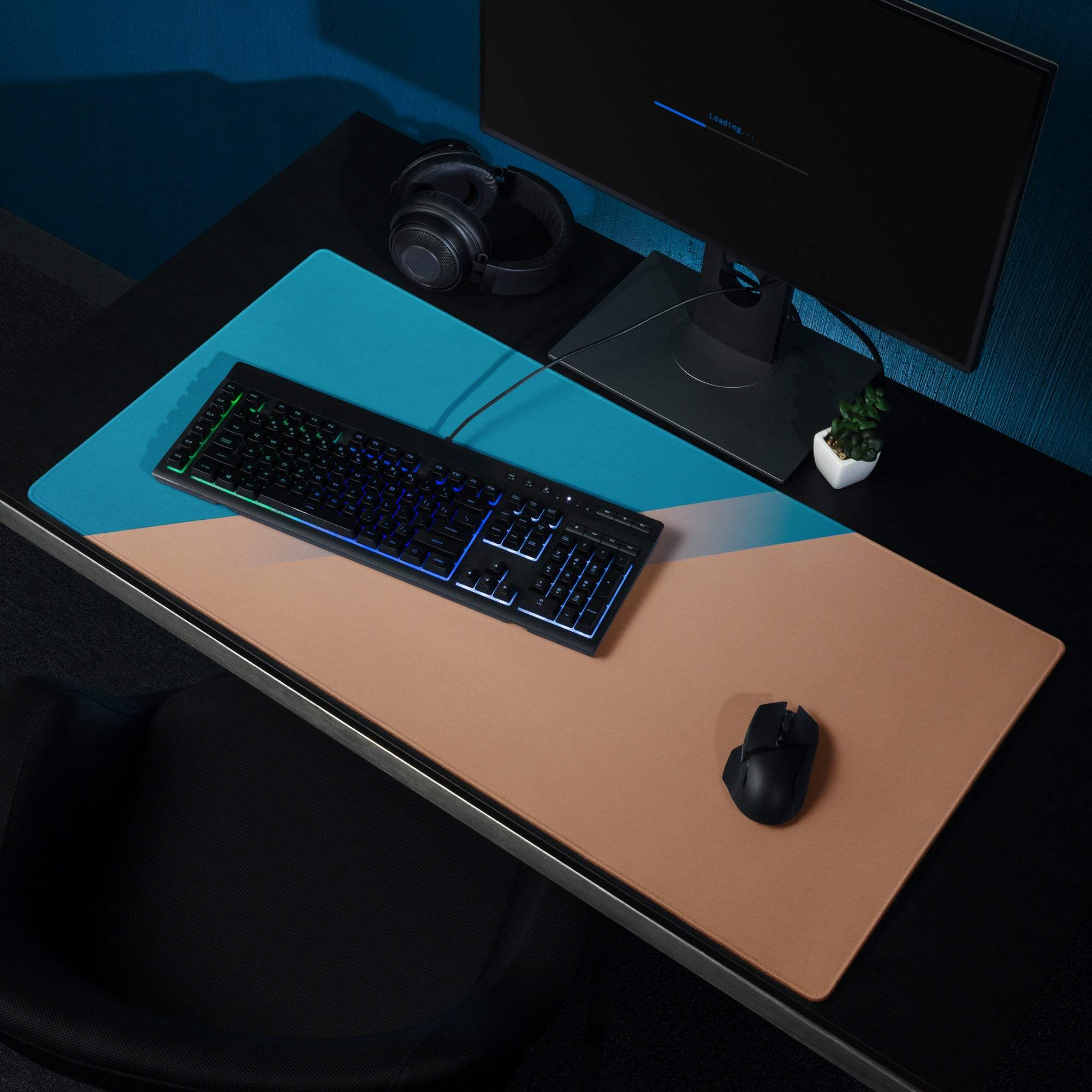 Blue and tan two-tone minimalist gaming mousepad with non-slip backing