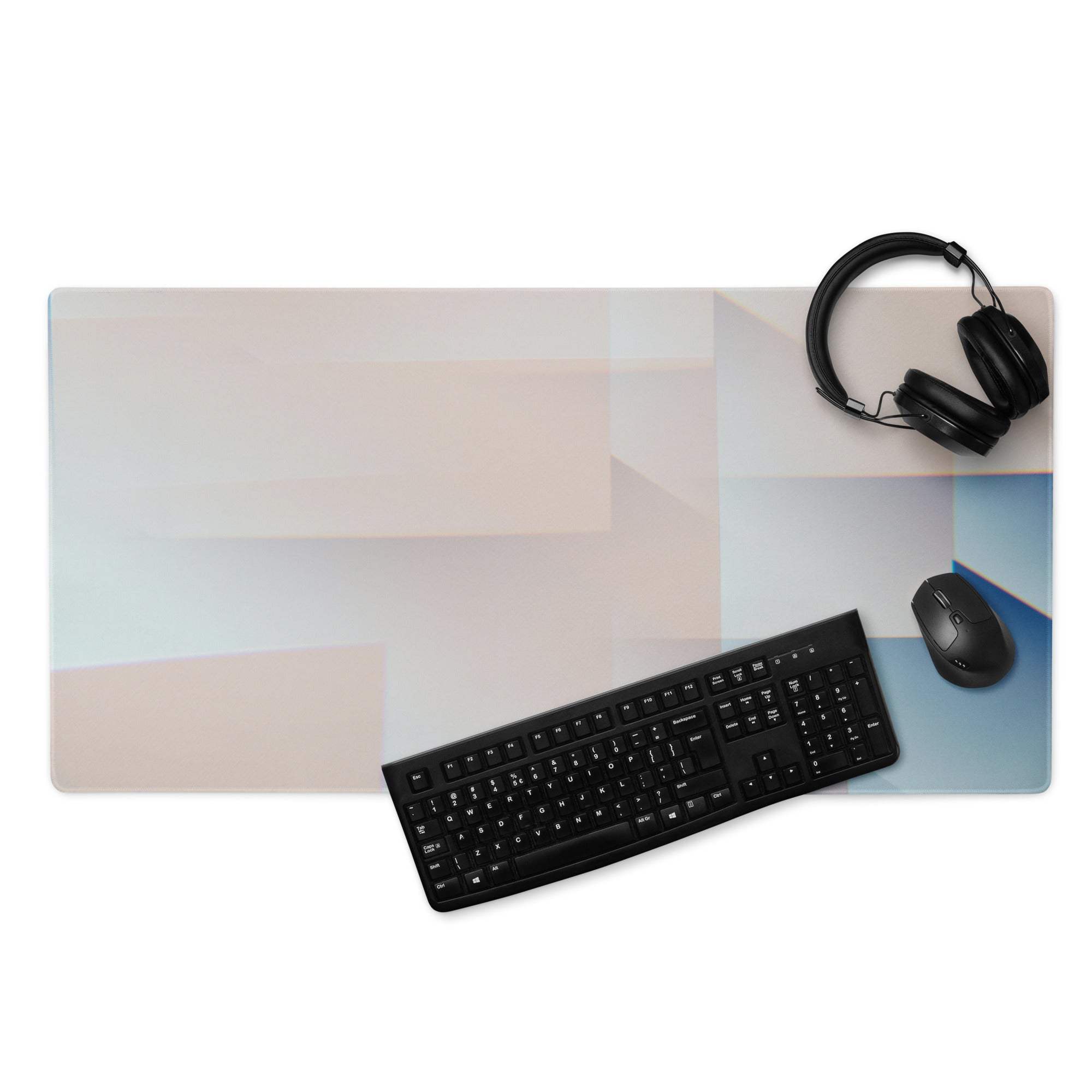 Pastel geometric gaming mouse pad with beige-blue gradient, non-slip backing