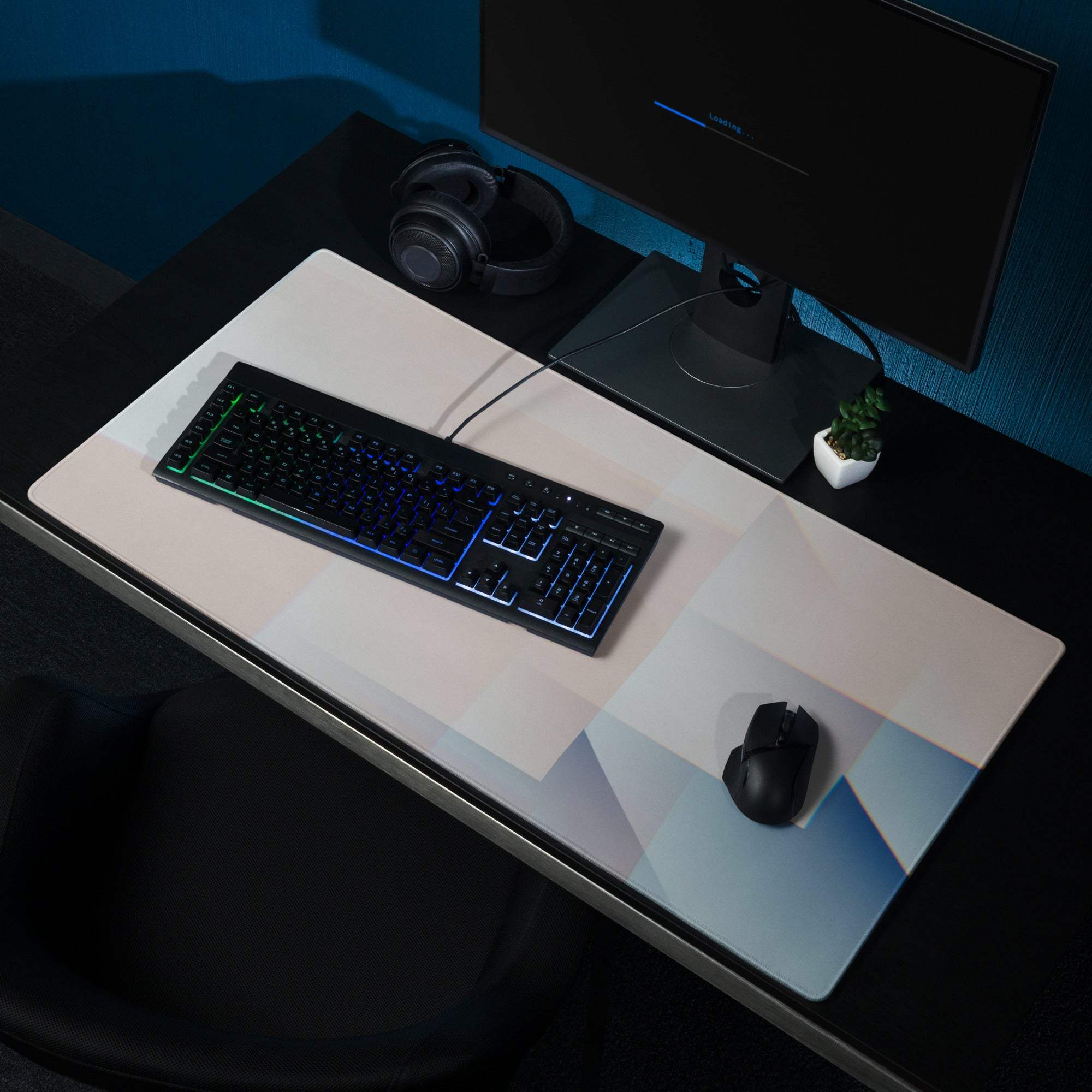 Pastel geometric gaming mouse pad with large surface, non-slip backing, edge stitching