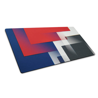 Modern abstract glass cutting board with bold red blue white black geometric shapes